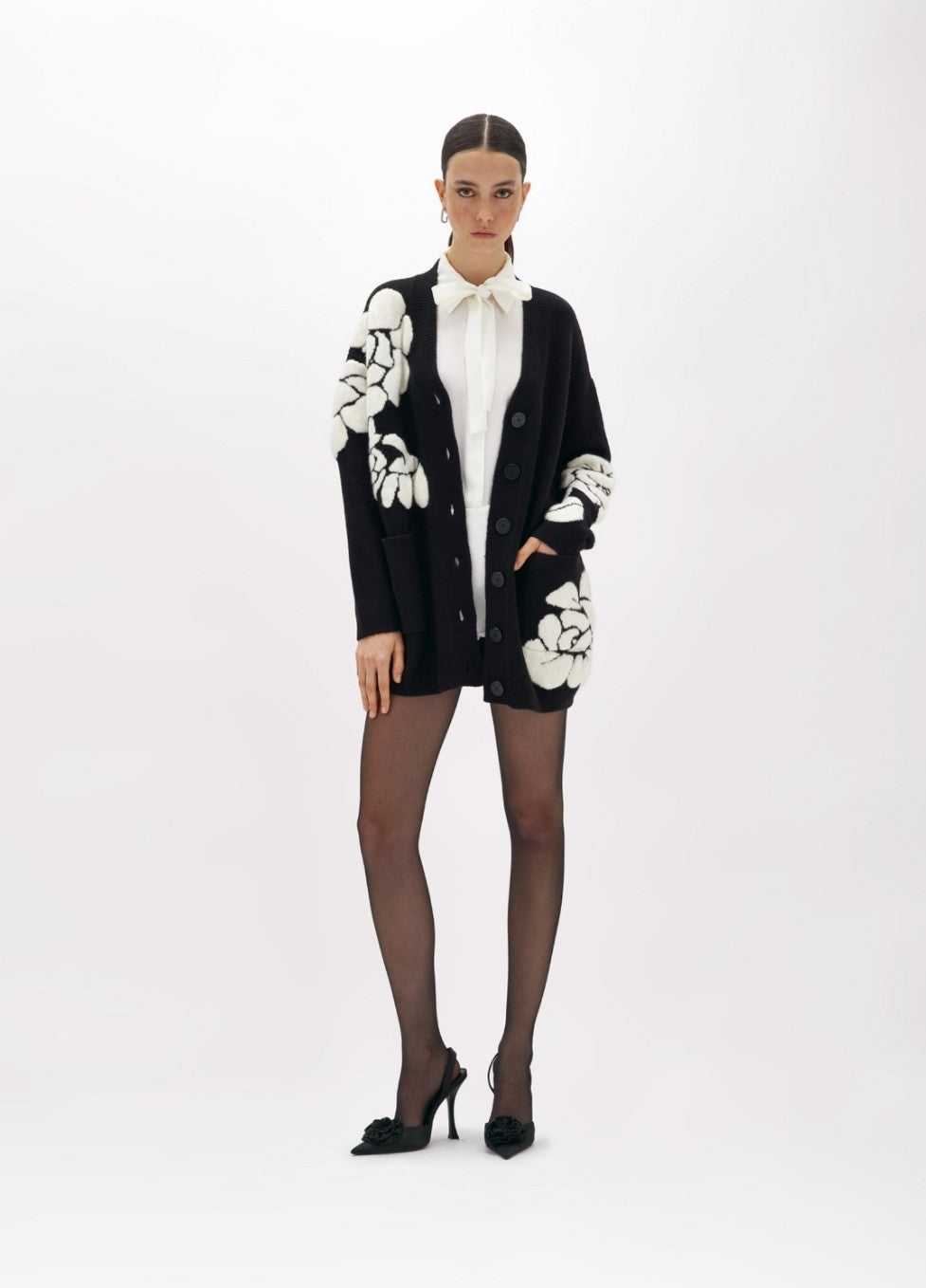 Jacquard Oversized Cardigan with Roses