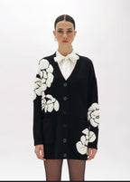 Jacquard Oversized Cardigan with Roses